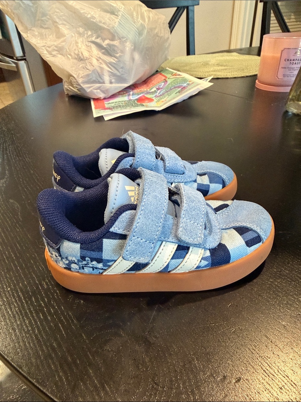 adidas Kids Disney Navy & Light Blue Check Velcro Sneakers with Gum Sole